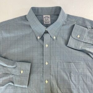 Brooks Brothers Shirt Mens 17.5 35 Blue Plaid Regent Fit Non Iron Supima Cotton